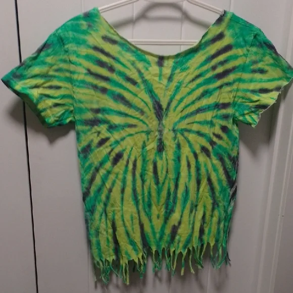 Funky Hand Made Tie-Dye V-Neck Neon green Fringe Top - Picture 4 of 7